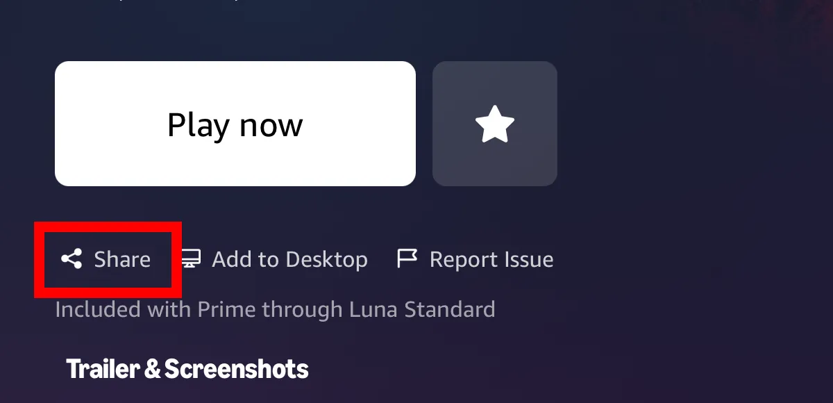 Where to find the Share button on an Amazon Luna game page
