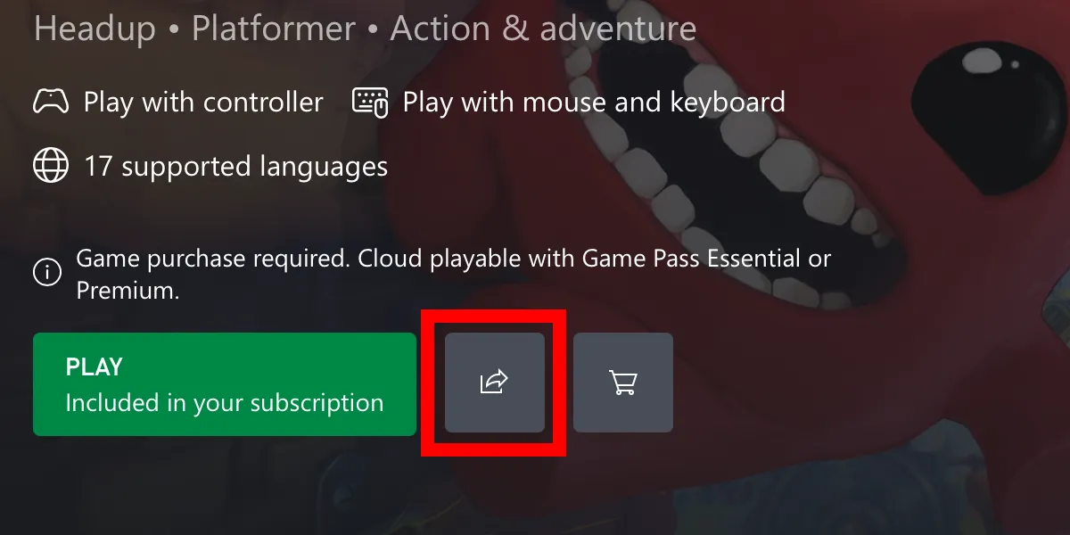 Where to find the Share button on an Xbox Cloud Gaming game page